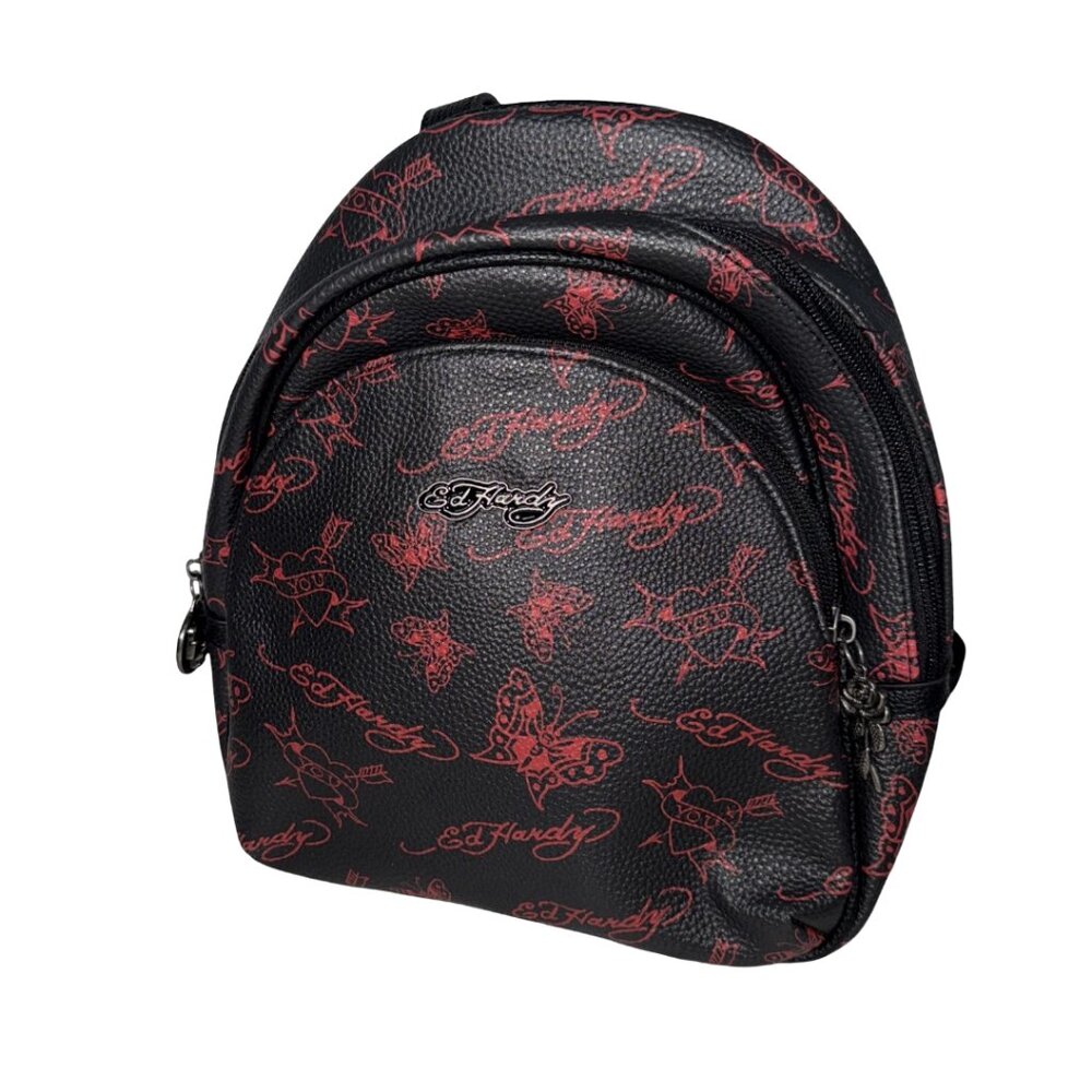 ED HARDY Black & Red Small Backpack Faux Leather Butterfly Design You Heart